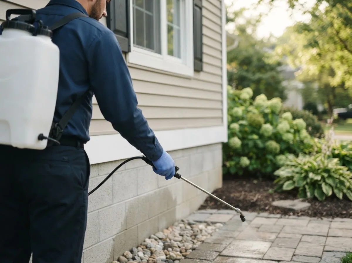 Pest control technician inspecting a home in Diamond City, AR